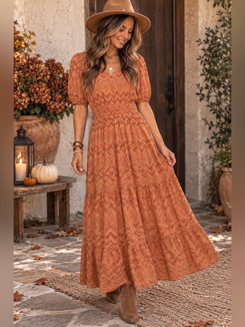 A New Day Rust Orange Textured Chevron Maxi Dress Size M Boho Fall